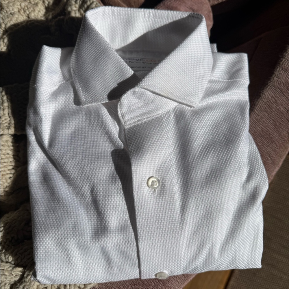 Lorenzo Uomo White Button Down | Basketweave French Cuff Regular Fit Dress Shirt - Picture 3 of 7